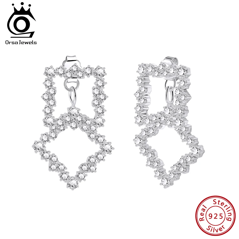 

ORSA JEWEL Shiny Zircon Romantic Square Earrings 925 Silver Luxury Geometry Design Dangle Drop Earings Accessories Gift SE415