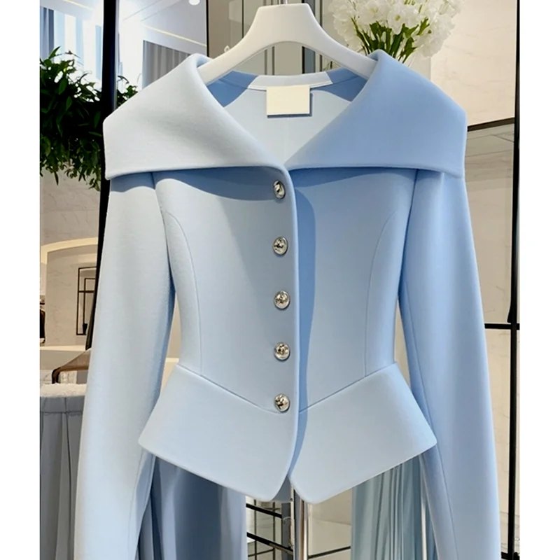 Small Fragrance Blue Coat Autumn And Winter High-Grade Sense Unique Temperament beautiful Fashion And Fresh Coat Women's Coat