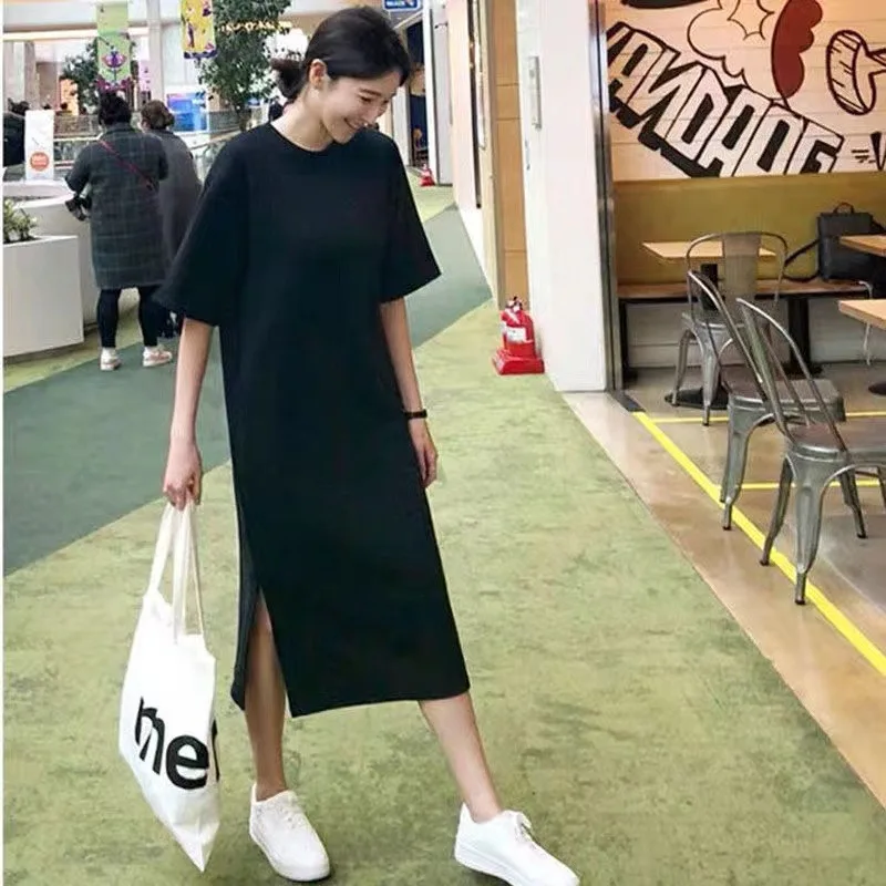 

Pure Color Long Spwear Women's Casual Loose Straight Tube Dr Summer Lazy Sle Simple Faionable plus Size Home Clothes