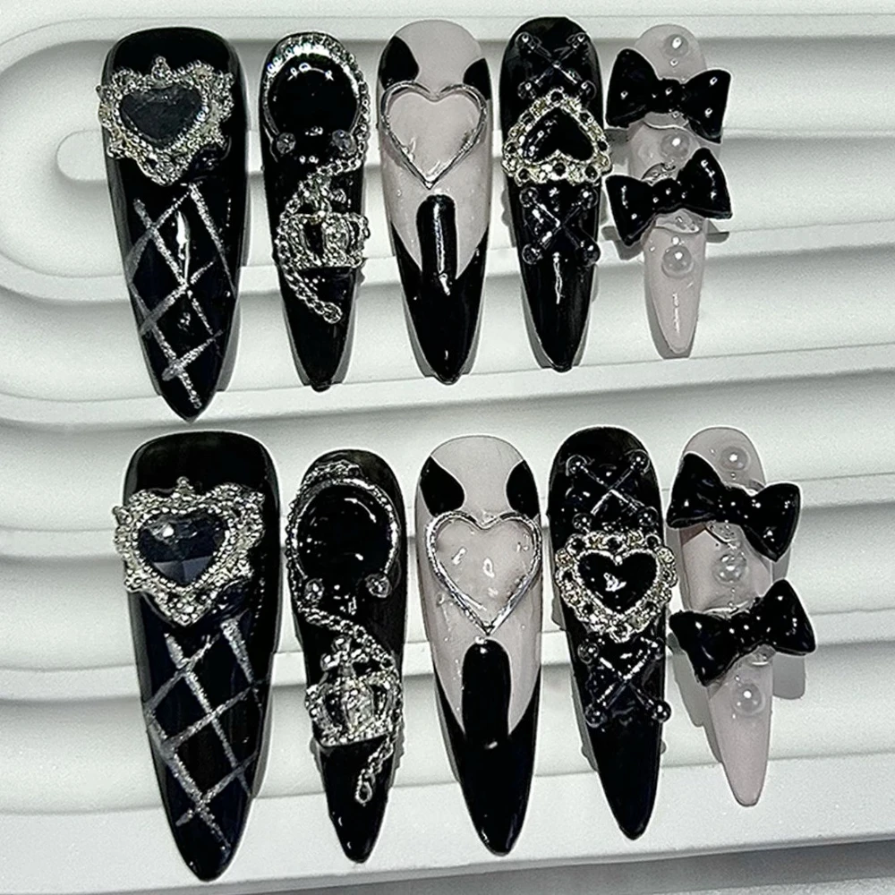 

10 шт., роскошные накладные ногти ручной работы с короной и жемчугом, готический панк-стиль Y2k Spice Girls, накладные ногти, съемные, многоразовые