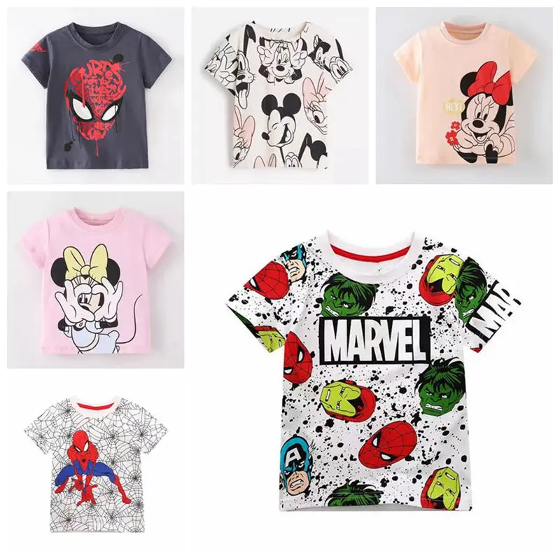 Summer Cartoon Marvel Spiderman Mickey Minnie Print Baby Boys Short Sleeve T Shirt Kids Girls Cotton Clothes Children Tops Tees