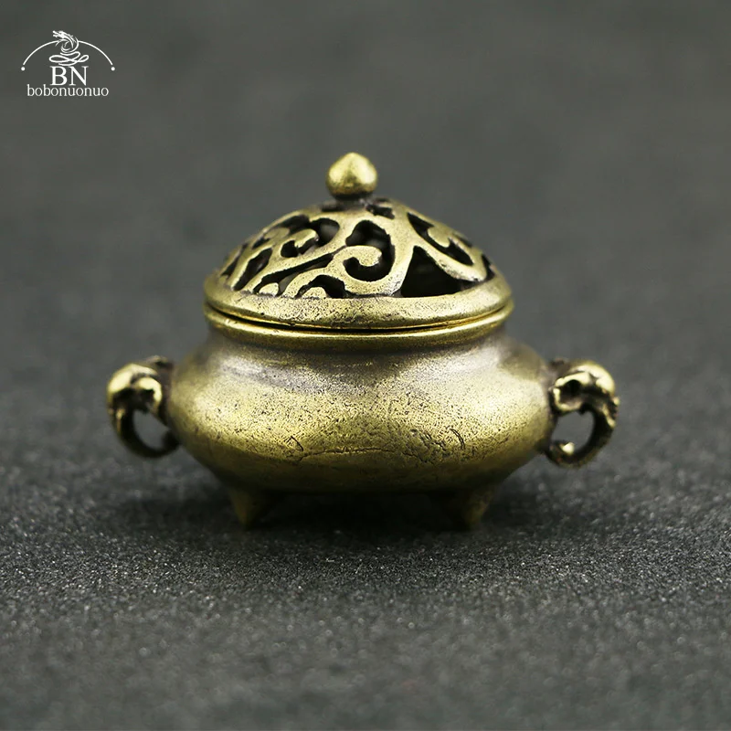 Antique Copper Small Incense Stick Burner Retro Brass Pocket Hollow Incense Holder with Cover Home Decoration Sandalwood Censer
