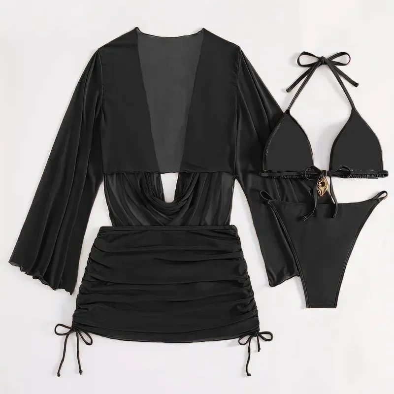 レディース 無地 ホルターネック ストリングビキニ 4点セット メッシュカバートップス スカート付き 水着 ビーチウェア ビキニ