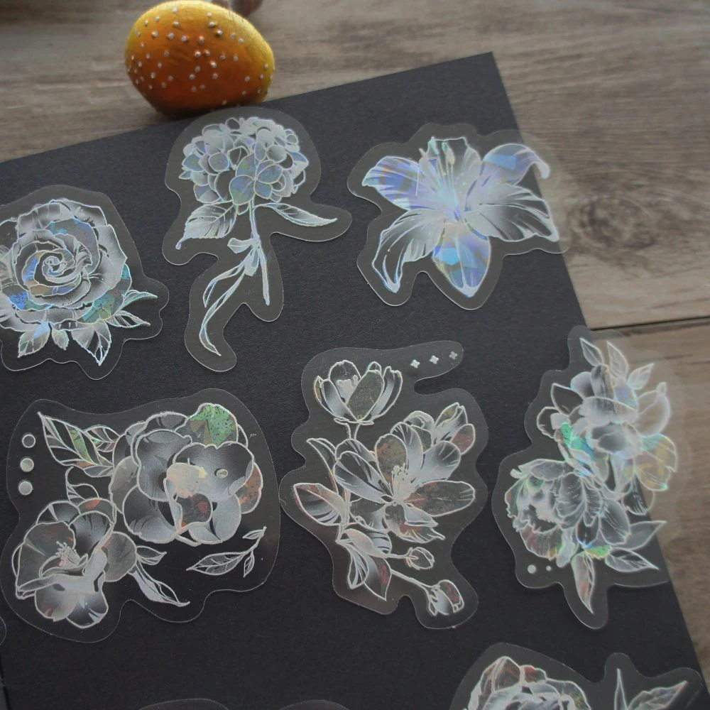 15pcs Laser Diamond Pattern White Rose Lily Lily of The Valley Style Transparent Sticker Scrapbooking DIY Gift Decoration Tag