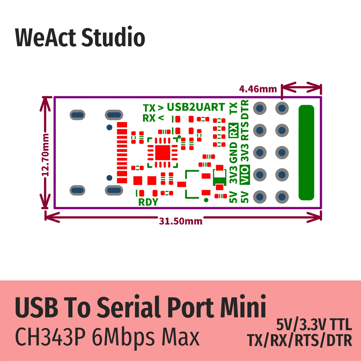 WeAct CH343P USB To Serial Port Module 6Mbps 5V3.3V TTL UART CH343 Debugging Burning And Downloading Type-C Switch Instead CH340