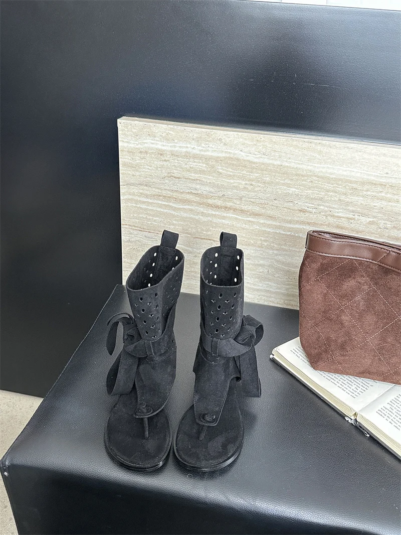 2026 Gladiator Rome Sandals High Top Ankle Boots Summer Spring Thong Clip Toe Sandals Cuban Heel Casual Bow Knot Shoes Booties