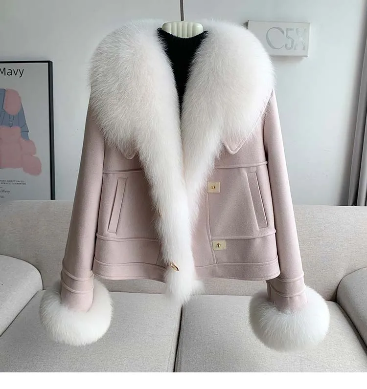 Large Luxury Natural Real Fox Fur Women Vintage Thick Short Faux Lamb Fur Jacket Autumn Winter Female Zipper Belt Coat