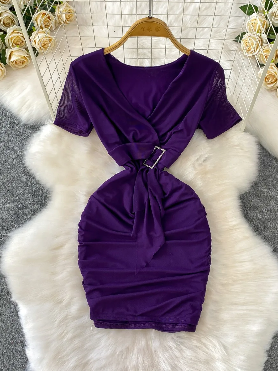 Foamlina 여성 여름 메쉬 미니 드레스 섹시한 크로스 V 넥 타이 허리 딥 넥 라인 슬림 피트 Bodycon Club Party Outfit