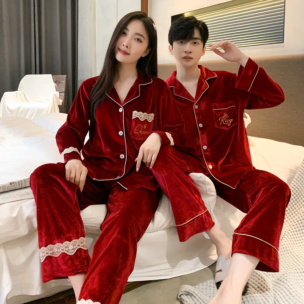 Burgundy Velour Lapel Long Sleeve Shirt Pants Homewear Sleepwear Autumn Couple Women Men Gold Velvet Pajamas Set