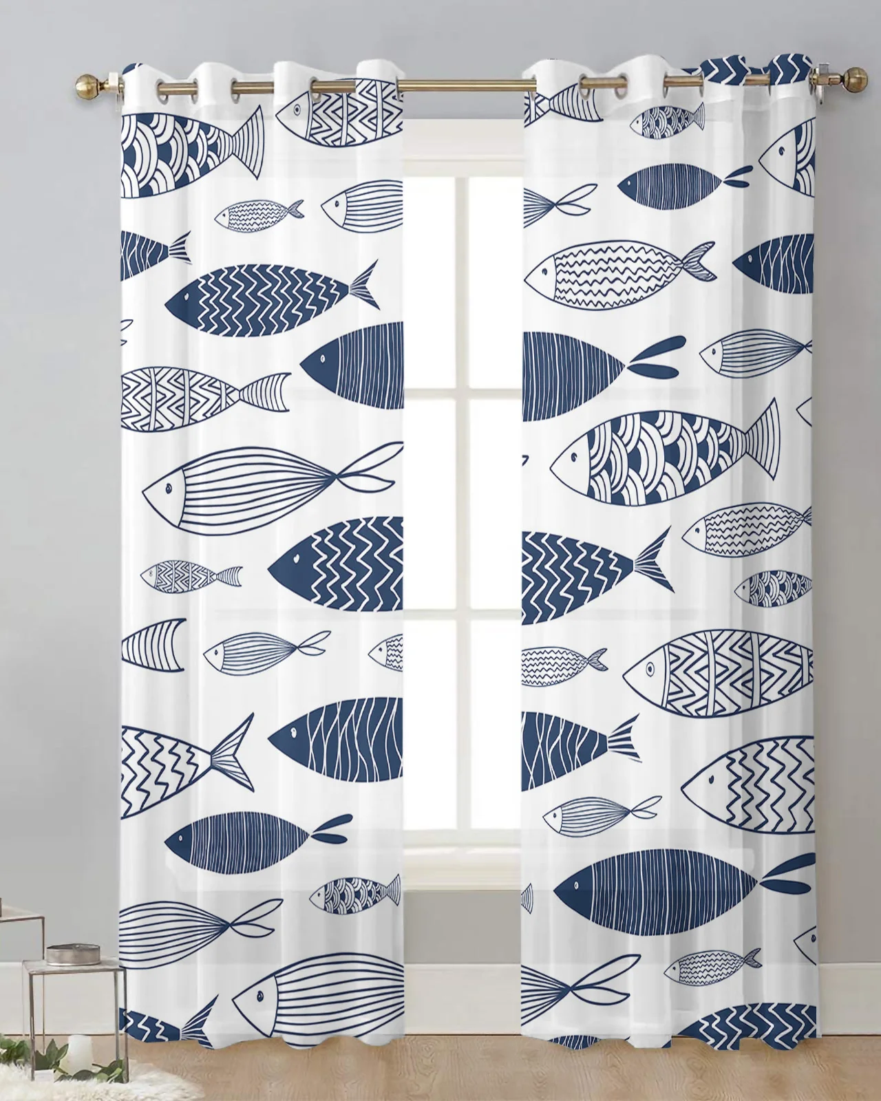 Fish Doodle Striped Lines Japan Curtain Tulle Curtains For Living Room Kitchen Window Treatments Voile Curtains