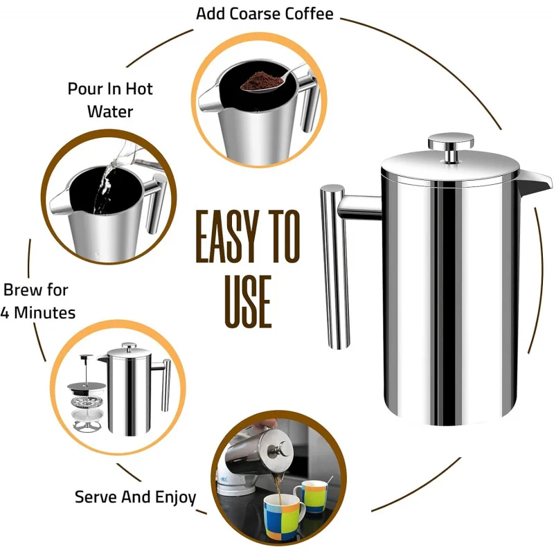 304 Grade Stainless Steel French Press Coffee Maker  Double Wall Insulated Coffee Press with 4-Level Filtration system
