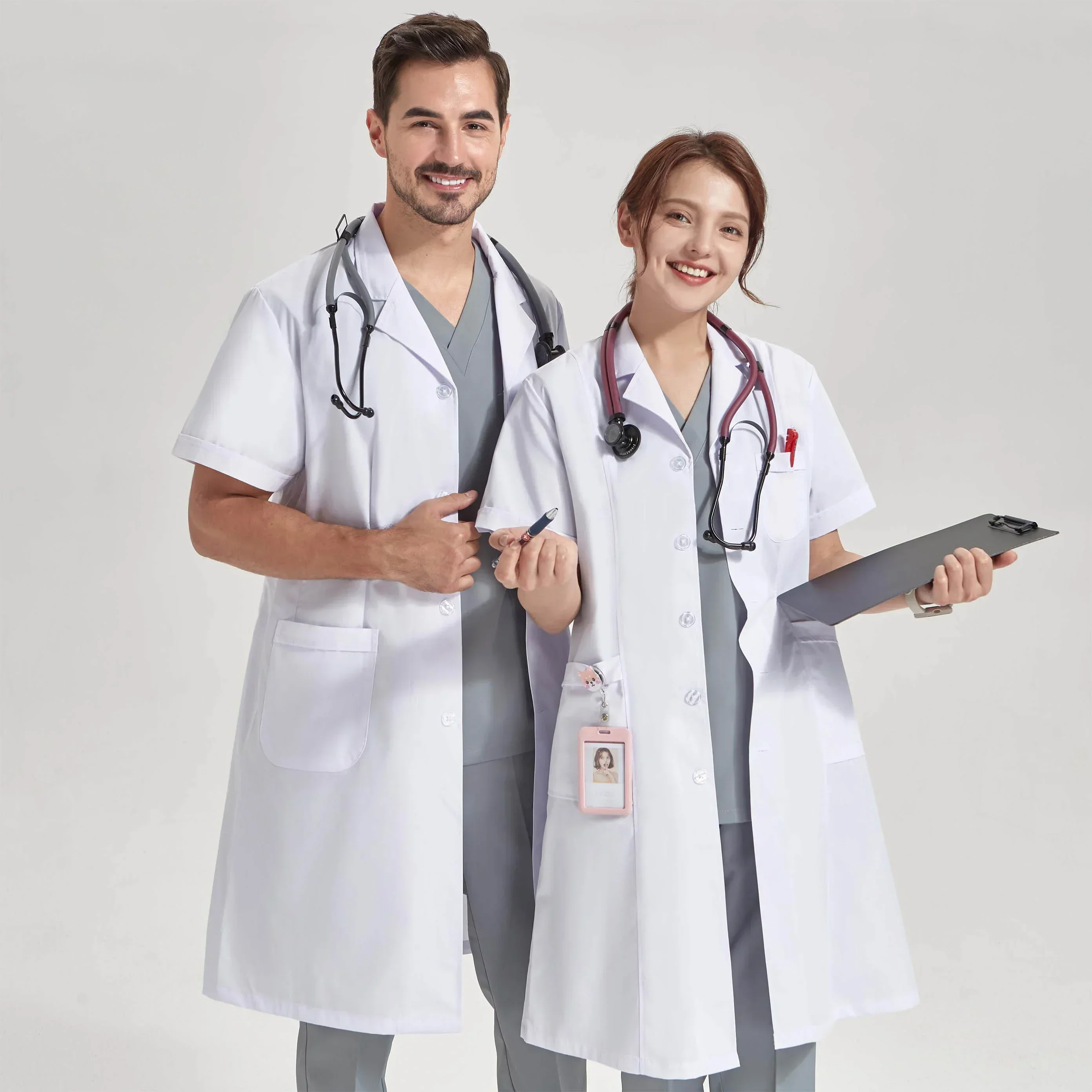 Pocket Medical Lab Coat For Women And Men Long/Short Sleeve Lightweight Notched Doctor Lab Coats White Robe