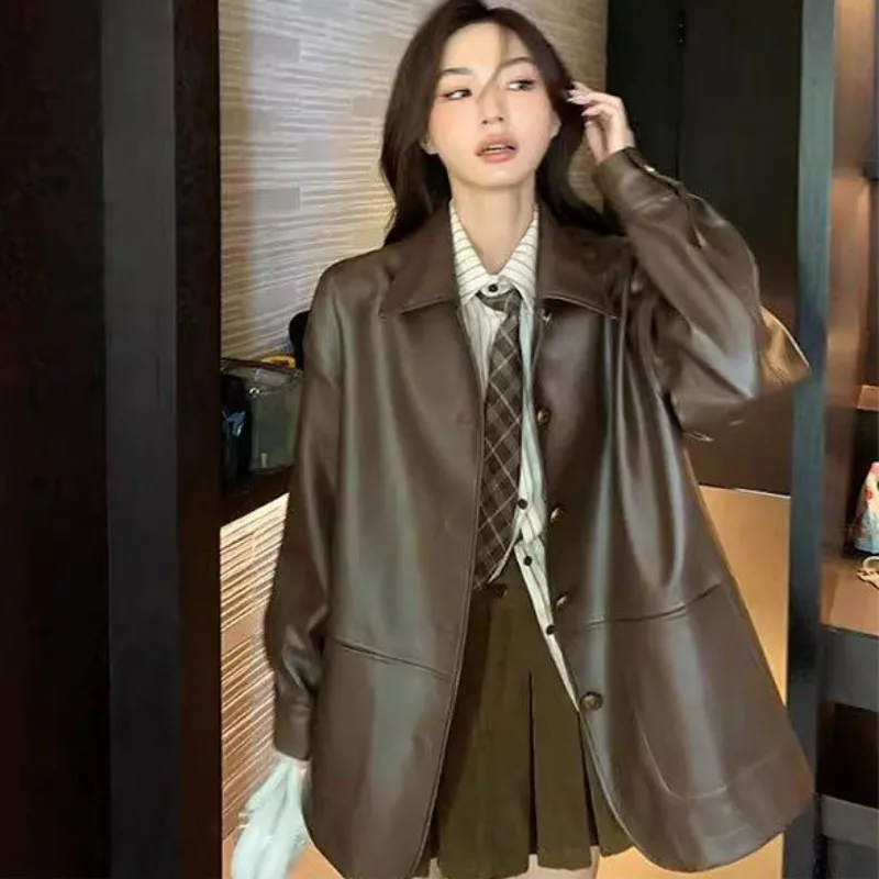 Xiaoxiangfeng Faux Leather Coat Women\'s Spring Autumn 2024 New Korean Retro Long Sleeved Overcoat Loose Slim PU Leather Coat