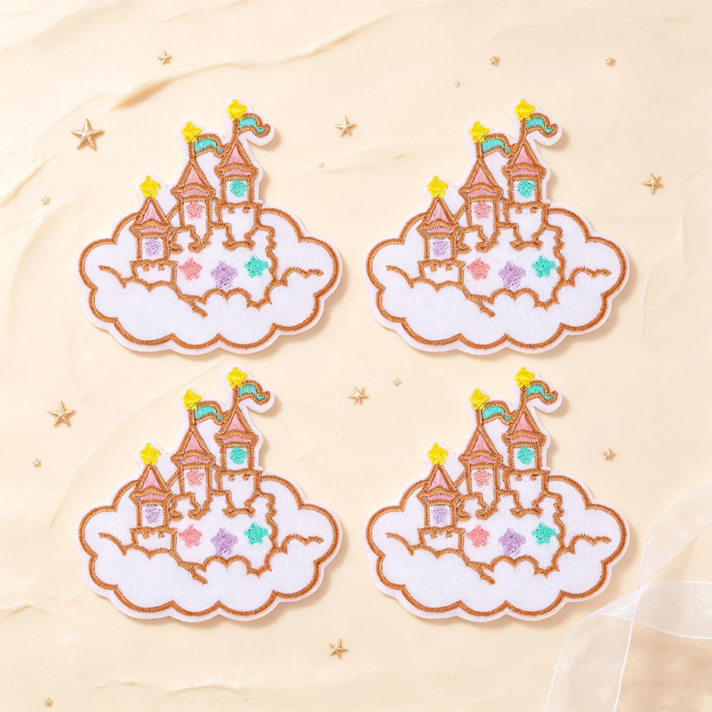 Cartoon-Wolkenschloss-Stickerei-Aufnäher, bunter Stern-Feenschloss-Applikation für Hut, Jacke, DIY-Kinderkleidung, Dekorations- und Bastelzubehör – Detail 5