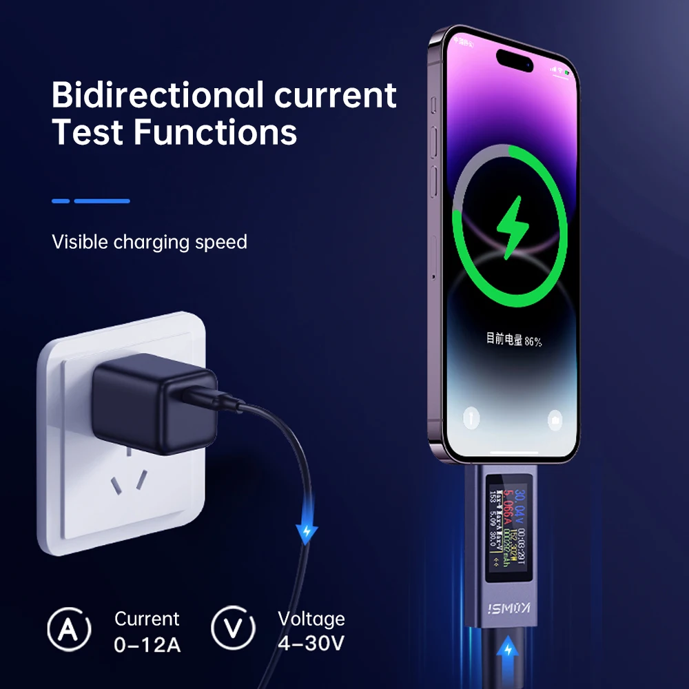 KWS-2301C Type-C Current and Voltage Monitor DC 4-30V 0-12A Power Meter Tester PD Battery Capacity Digital LCD Display Meter