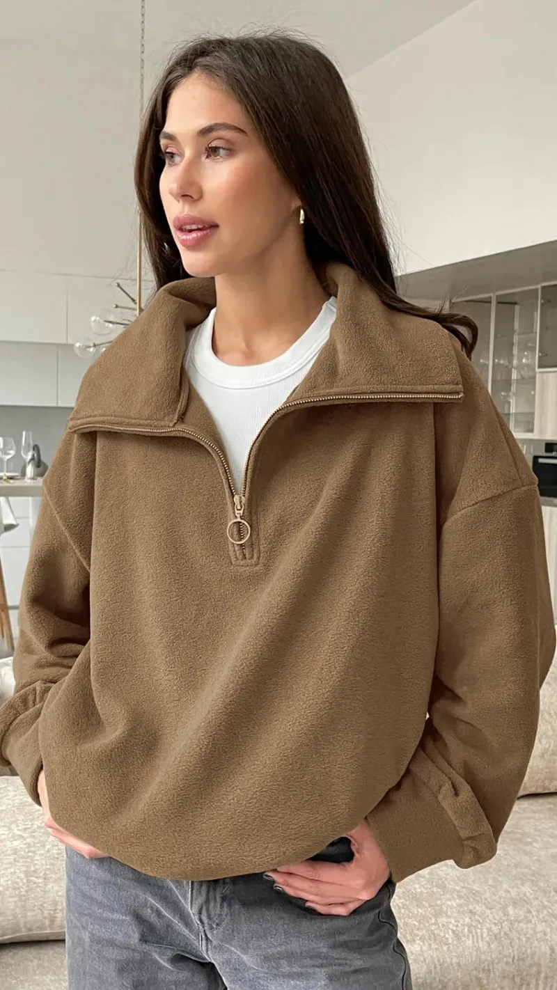 2025 autumn/winter lazy style knitted lamb cashmere beige loose casual hoodie cross-border versatile lapel sports women's top