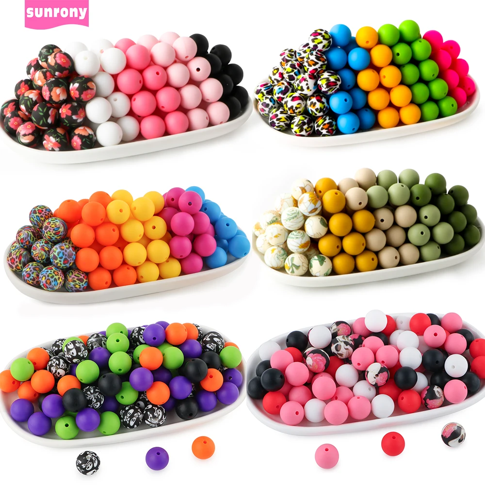 20Pcs/Set 15MM Round Silicone Beads Mix Printed Beads Kits For Jewelry Making DIY KeyChain Pen Bracelet Necklace Accessories