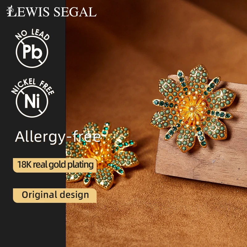 LEWIS SEGAL Rhinestone Flower Stud Earrings for Women Independent Girl Luxury Medieval Style Fine Jewelry 18K Gold S925 Pin