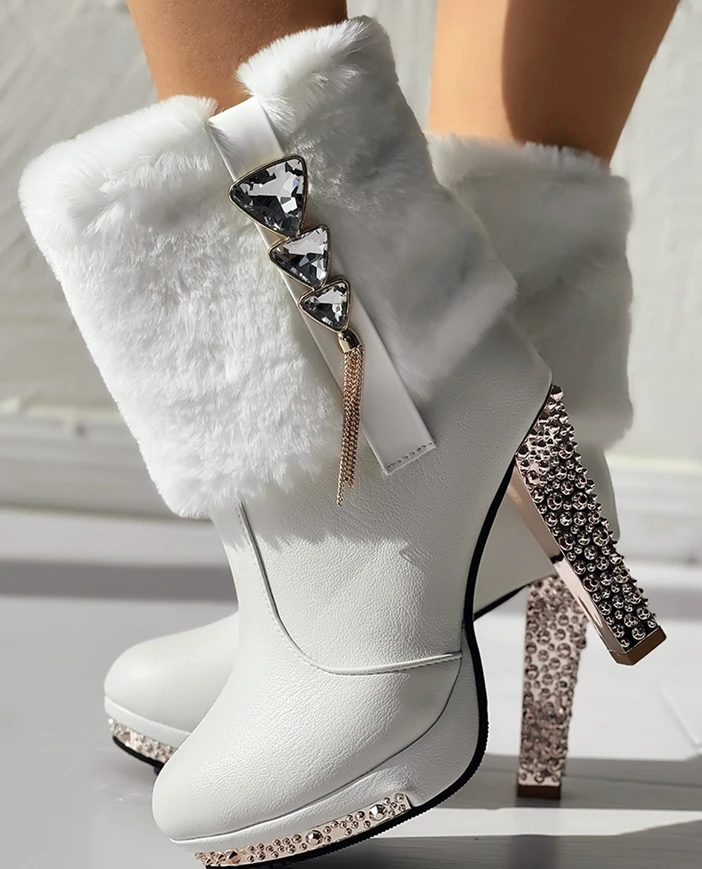 

Women's Boots 2025 Winter New Fashion Rhinestones Fuzzy Detail Lined Ankle Boots Casual Daily Pointed Toe High Heeled Boots