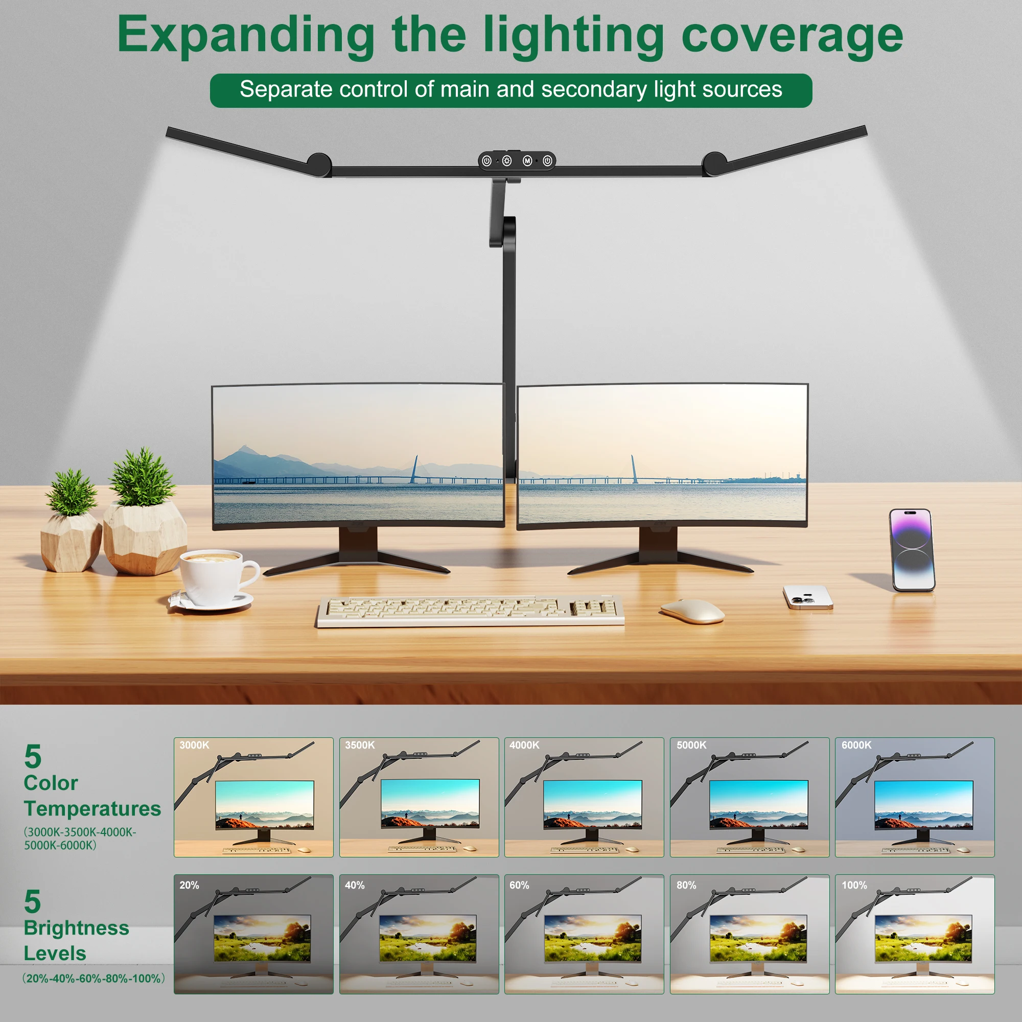 Three-head Desk Lamp With Memory Function, Five Color Temperatures, Five Brightness Levels, 45-degree Angle Design For Desk Use