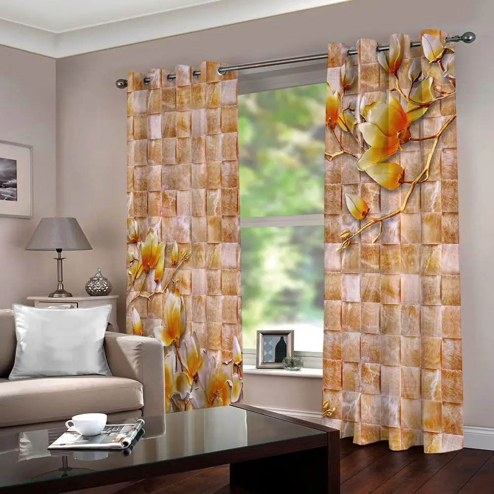 custom curtains Yellow marble effect magnolia flower Luxury Blackout 3D Window Curtain For Living Room