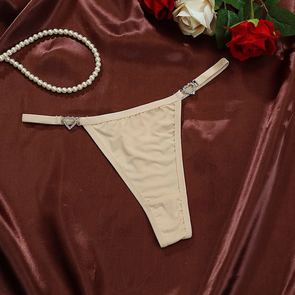 Cotton Crotch Heart Rhinestone Thongs Low Waist Solid Color Bikini Briefs Underpants Traceless T-back Panties Lingerie