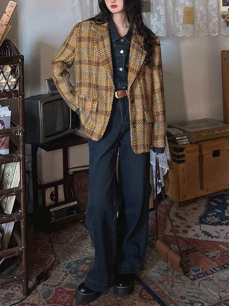 سترات نسائية كلاسيكية منقوشة للخريف ملابس خروج فضفاضة غير رسمية سترة Y2K كورية أنيقة للمكتب معاطف بدلة جديدة