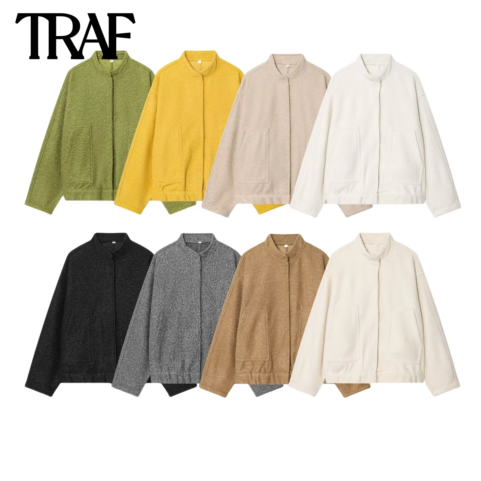 

TRAF Fashion Versatile 2025 Autumn New Product Solid Color Small Stand Collar Loose Warm Pilot Jacket Long Sleeve Coat