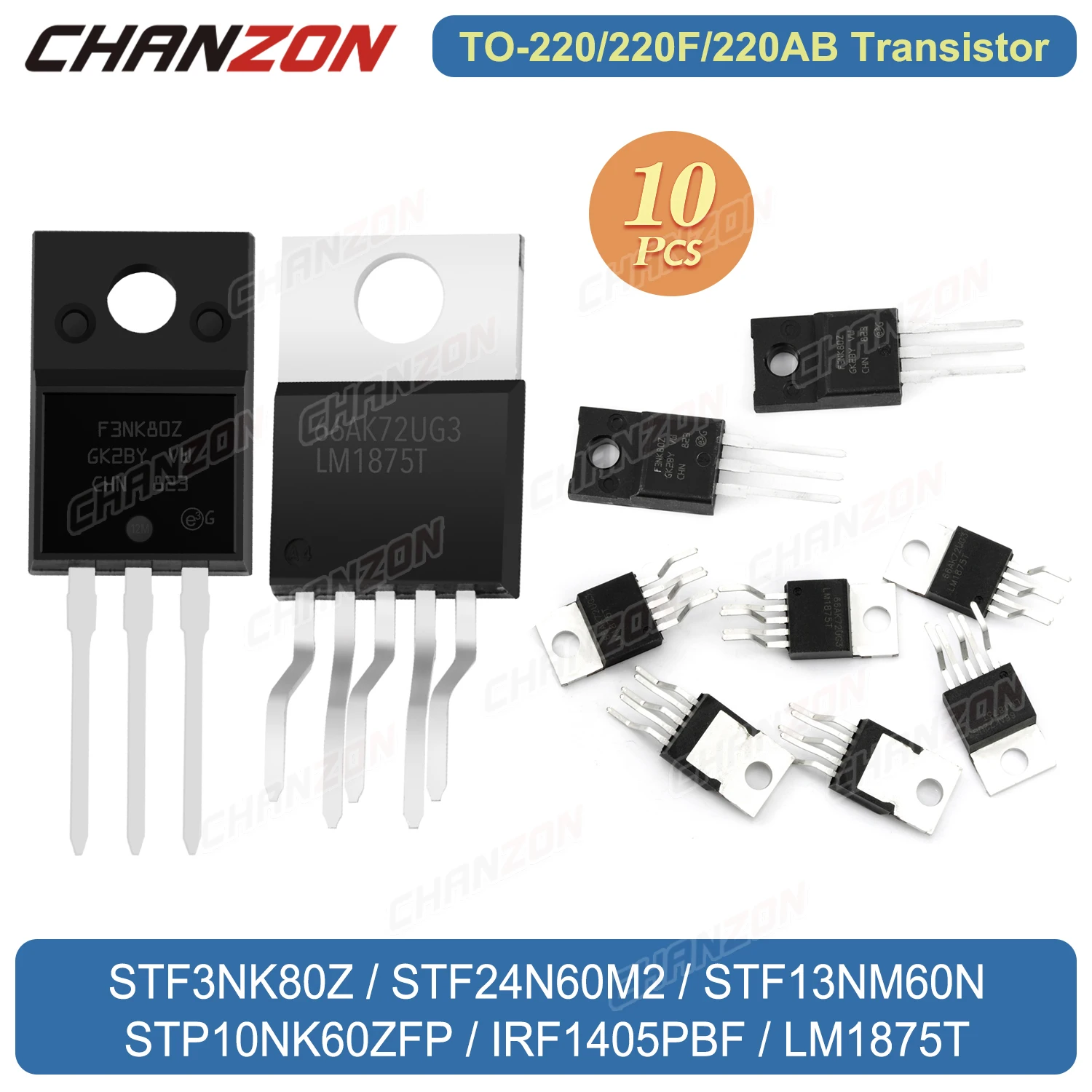 10PCS TO-220F TO-220 STF3NK80Z STF24N60M2 STF13NM60N STP10NK60ZFP IRF1405PBF LM1875T Power Mosfet Transistor Integrated Circuits