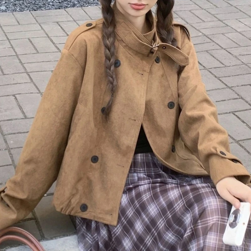 

Retro Stand Up Collar Double Row Jacket for Women, 2025 Autumn and Winter New Fashion, Loose and Versatile Jacket Top