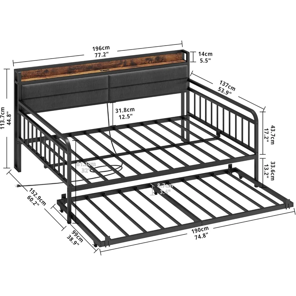 트런들이 있는 데이베드, 트윈 트런들이 있는 견고한 금속 풀사이즈 침대 프레임, 덮개를 씌운 헤드보드 및 충전 스테이션