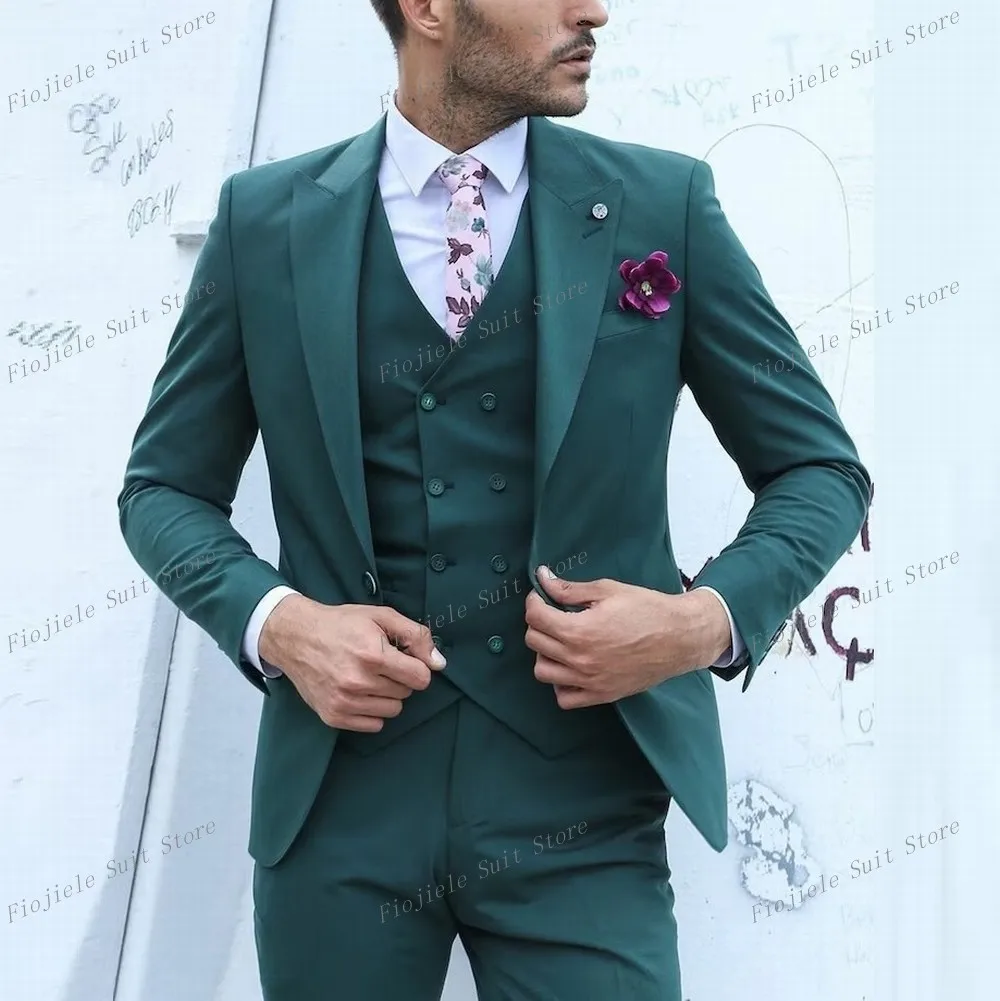 

New Oil Green Business Suit Groom Groomsman Prom Wedding Party Formal Occasion Men Tuxedos 3 Piece Set Blazer Vest Pants