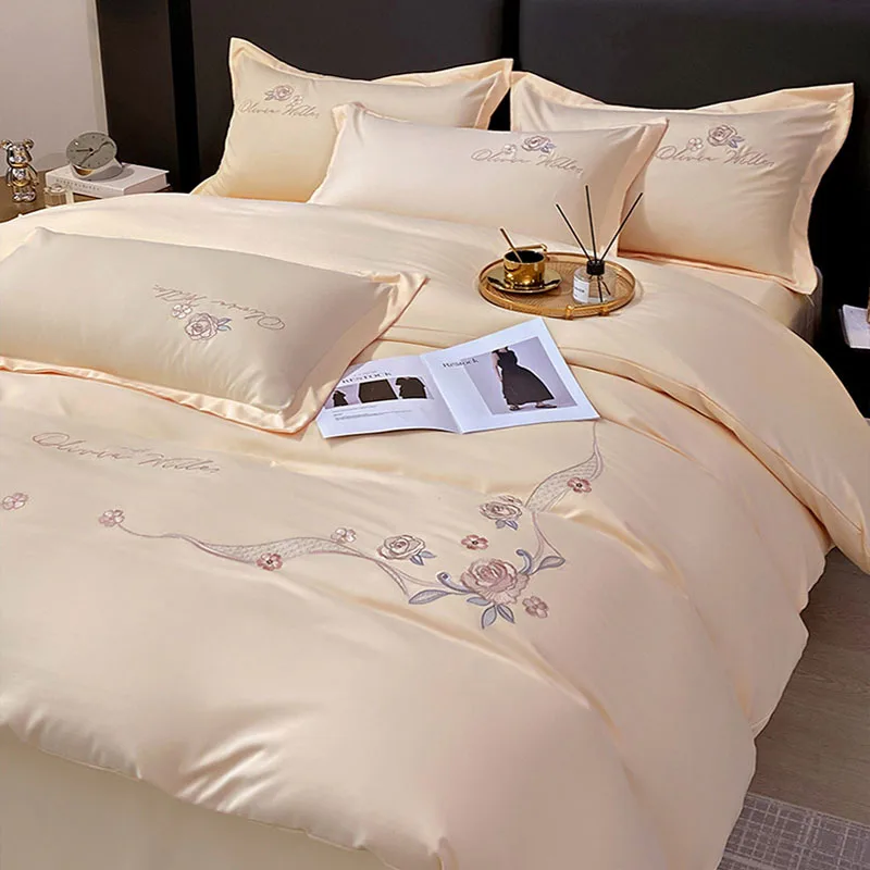 Luxury 100% Long Staple Cotton Embroidered Bedding Sets Solid Thick Brushed Comforter Kit Skin-Friendly Cozy Bed Linens for Home