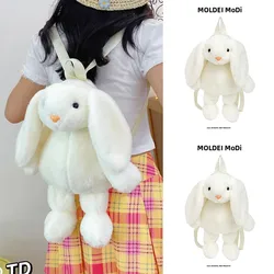 Cute Cartoon Rabbit Plush Backpack Youth Soft Shoulder Bag Vivid Embroidery Decorated Zipper Closure Small Size Pure Color