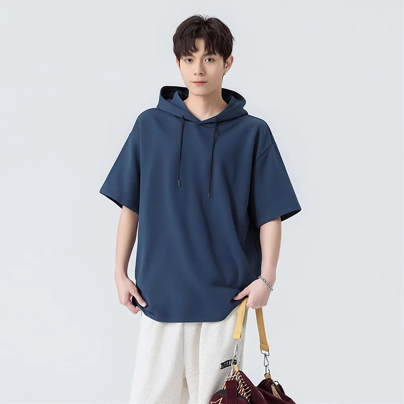 Summer Sports Tshirts For Man Drawstring Hooded T-shirt Fashion Half Sleeve Hoodies Loose Casual Sports Short Sleeve T-shirt