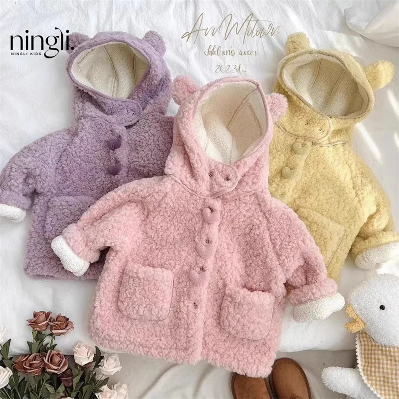 Girls' Coat Winter New Fleece-lined Thickened New Western Style Hooded Furry Sweater Coat Lambswool Coat