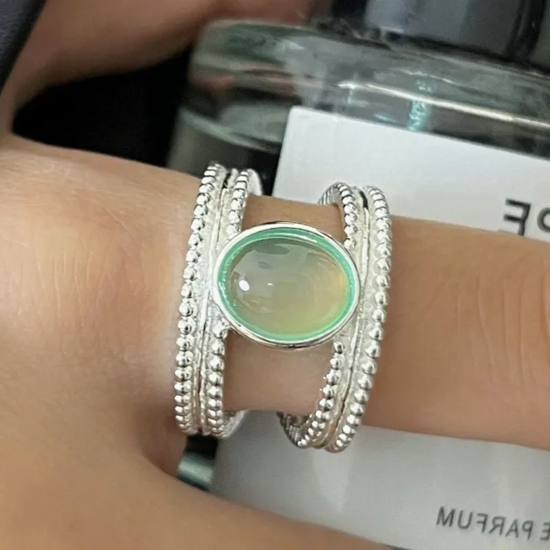 PANJBJ – bague œil de chat en argent Sterling 925, couleur menthe, Double couche, Texture ajourée, bijoux Ins, cadeau de fête, vente en gros