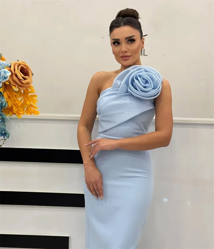 Customized Matching Exquisite Handmade Flower Pleat Straight One-shoulder Midi Dresses Bespoke Occasion Dresses Modern Style