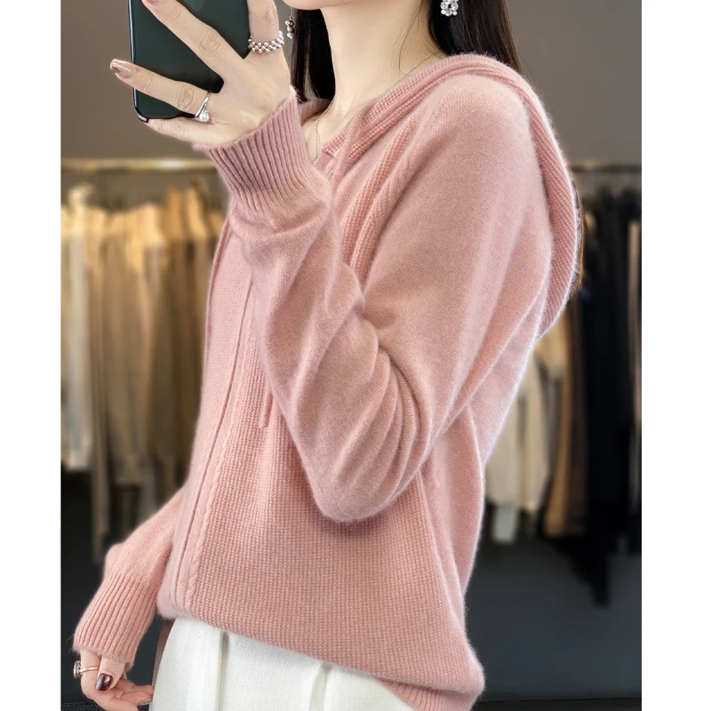 Hooded Cardigan for Women, 100% Pure Wool, Loose Knitted Coat, Long Sleeve, New Product, Autumn and Winter, Hot Selling, 2023