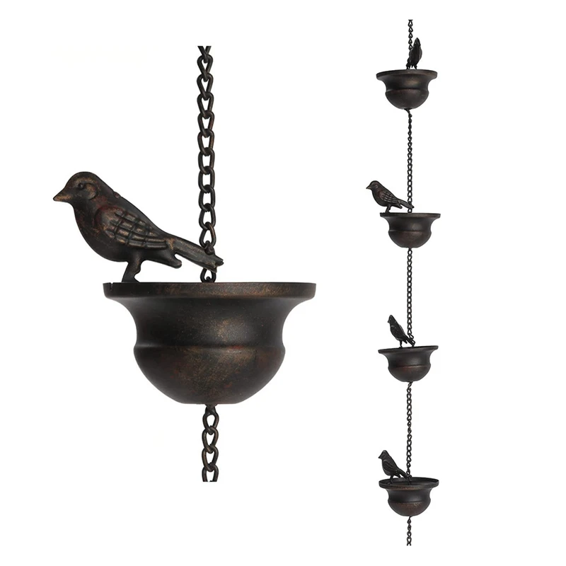 1 PCS For Gutters Mobile Birds On Cups Rain Chimes 7.8Ft Rain Chimes With Attached Hanger And Birds