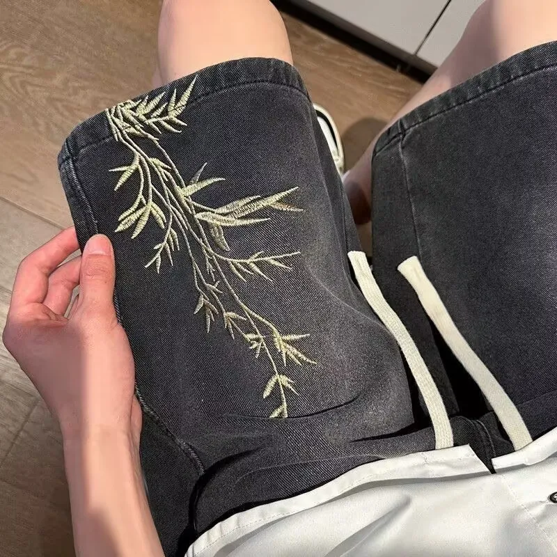 

Hip Hop Embroidery Denim Shorts Y2K Streetwear 2025 Men Vintage Bamboo Embroidery Baggy Jeans Pants Fashion Summer Loose Shorts