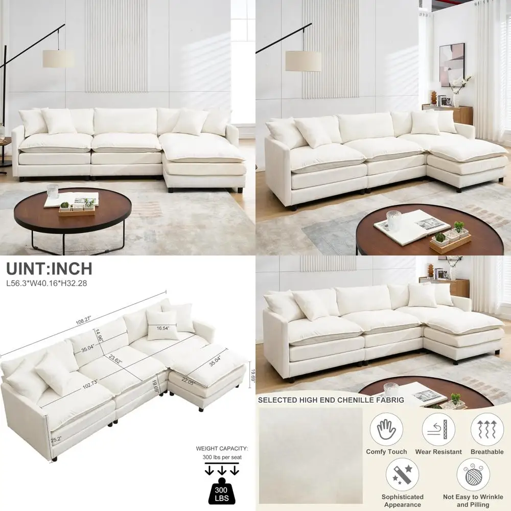 أريكة مقطعية قابلة للتحويل مع 4 مقاعد، تصميم على شكل حرف L، كرسي قابل للعكس، جلوس عميق من القطيفة، قماش شانيل للمنزل