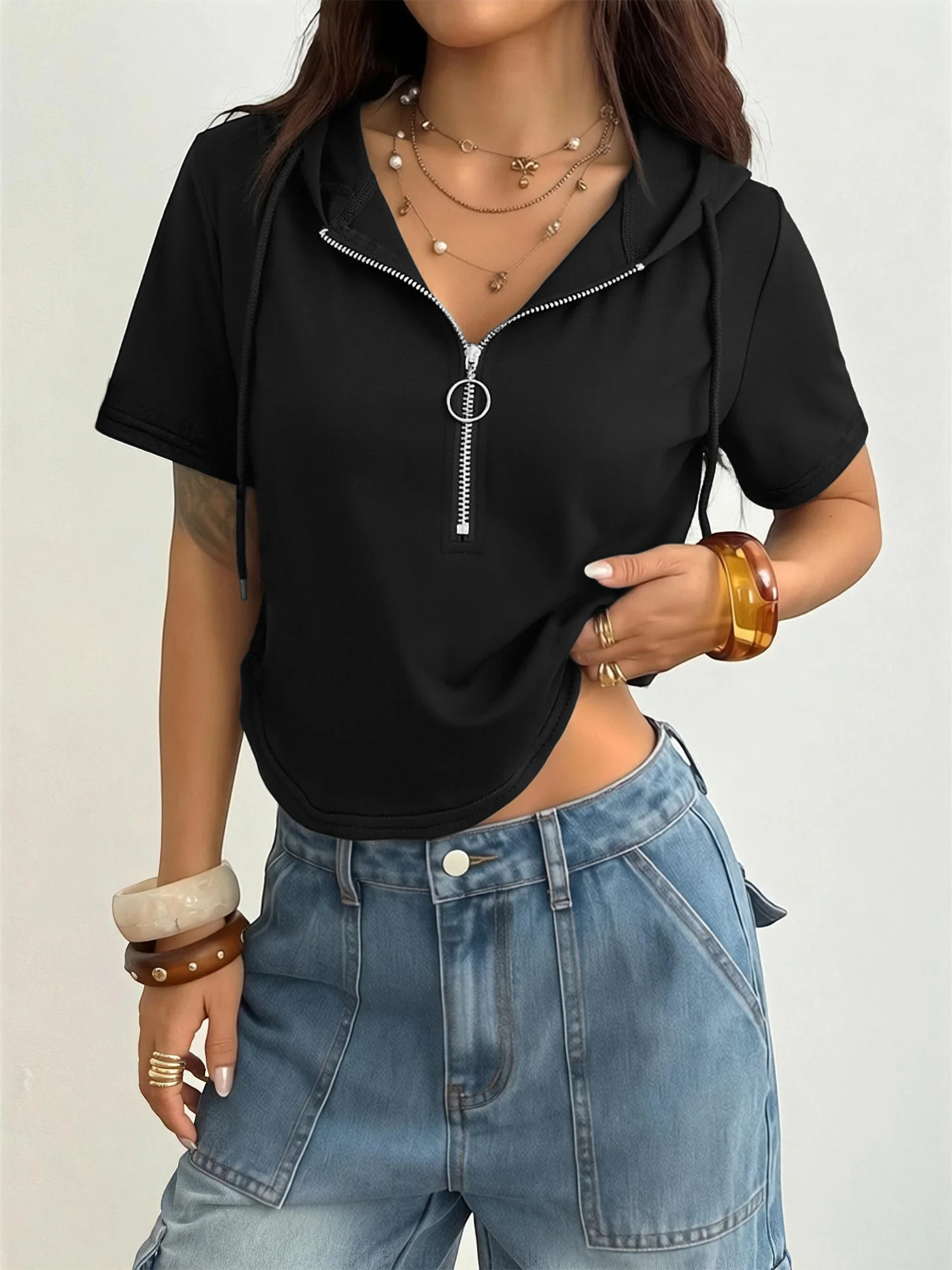 Spicy Girl Style Ladies Short Sleeve Hooded T‑Shirt Half Zipper Ring Pull Curved Hem Cropped Loose Summer Street Fashion Tops