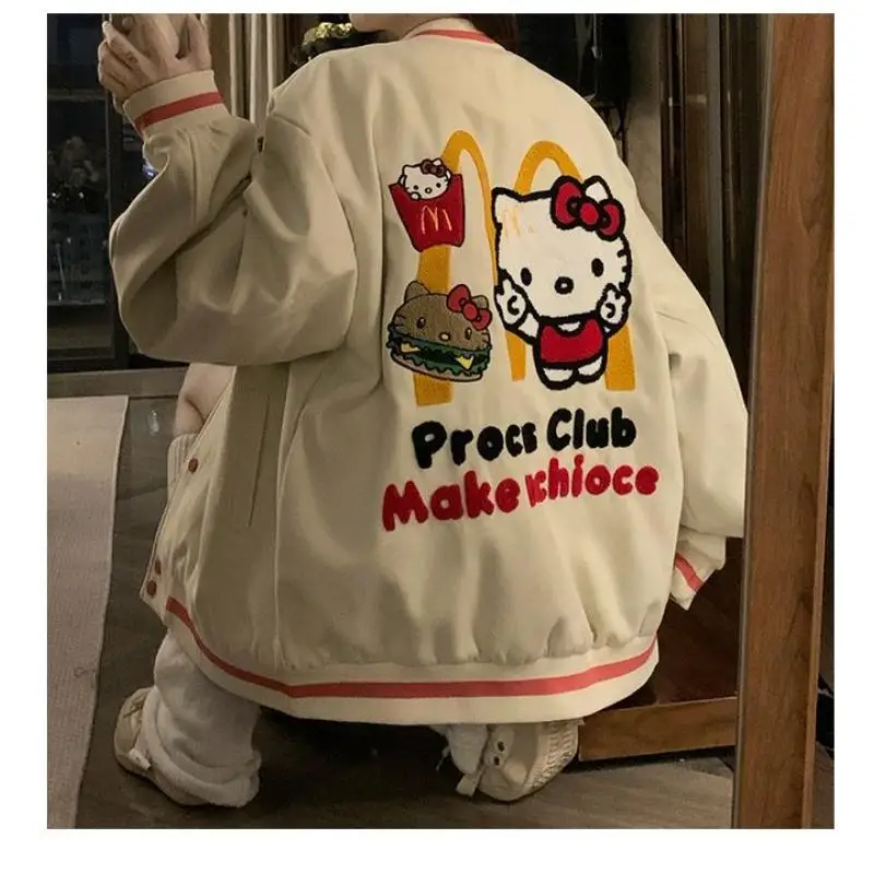 Couple Cute Cardigan Baseball Uniform Coat Anime Cartoon Hellokitty Street Retro Style Students Leisure Hip Hop Jacket Oversize