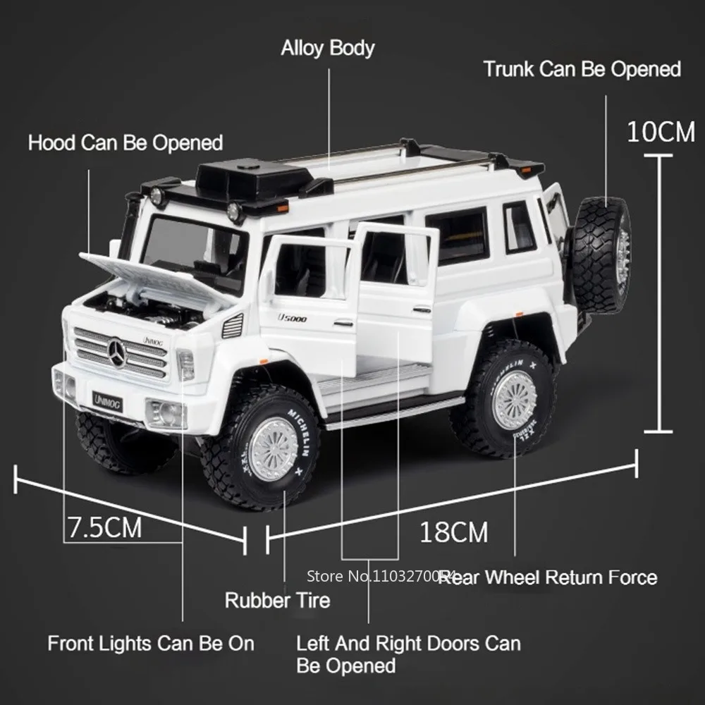 1:28 UNIMOG U5000 SUV X-Class 6X6 Giocattolo Modello di Auto Pressofuso In Lega di Veicoli Porte Aperta Suono Luce Tirare Indietro Oggetti Da Collezione Decorazione