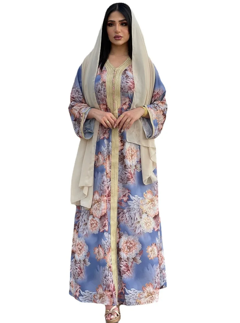 Print Dress for Women V-neck Floral Long-sleeved Abayas for Women Elegant Modern Maxi Dress Islam Clothes Women Muslim Clothing