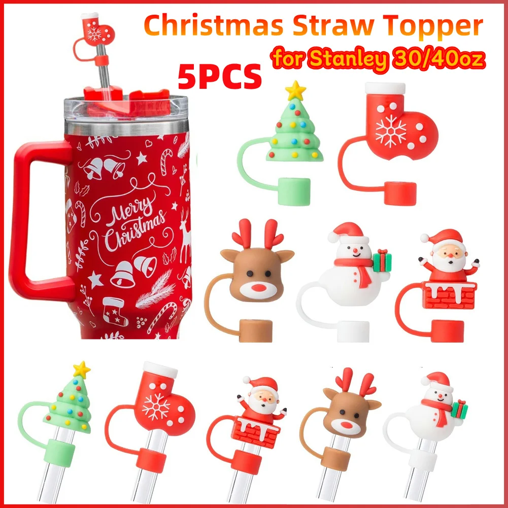 5Pcs Christmas Straw Topper Dust-Proof Christmas Cup Straw Covers Christmas Straw Caps for Stanley 30/40oz Tumbler with Handle