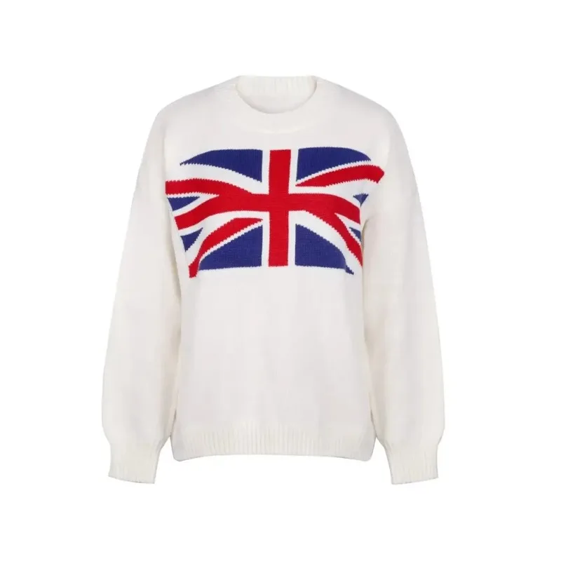 

Vintage National Flag Embroidered Sweater Women Clothes Street Hip Hop Sweaters Loose Casual Versatile Long Sleeve Pullover Tops