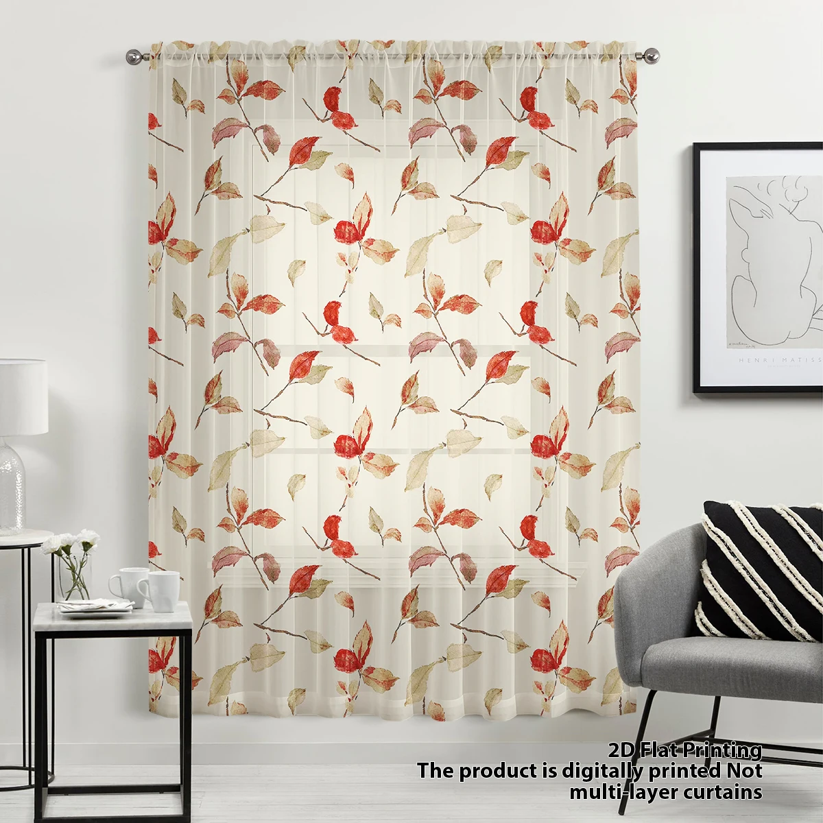 Warm-Toned Autumn Leaf Sheer Curtain - Retro Autumn Style Rod-Pocket Sheer Curtain, Ambient Decorative Sheer Curtain for Living