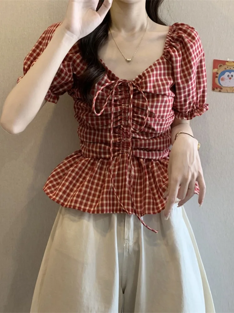 

Sweet Plaid irt Women's Summer Bow Tie Waist Cinching Hem Bubble Sve Top Korean Sle Commute Bubble Sve irt